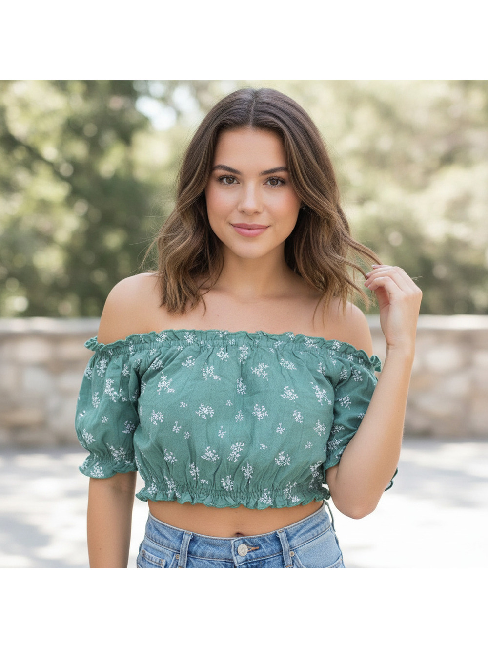 Pacsun L.A. Hearts Green Floral Smocked Crop Top Small NWT